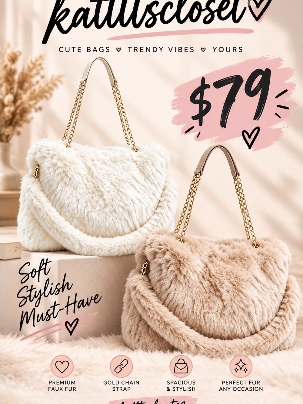 Limited Time Plush Faux Fur Shoulder Bag in Cream and Tan smoke free home
